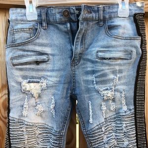 Waimea Jeans denim black Rhinestone stripe  Jrs. Sz. 18 distressed